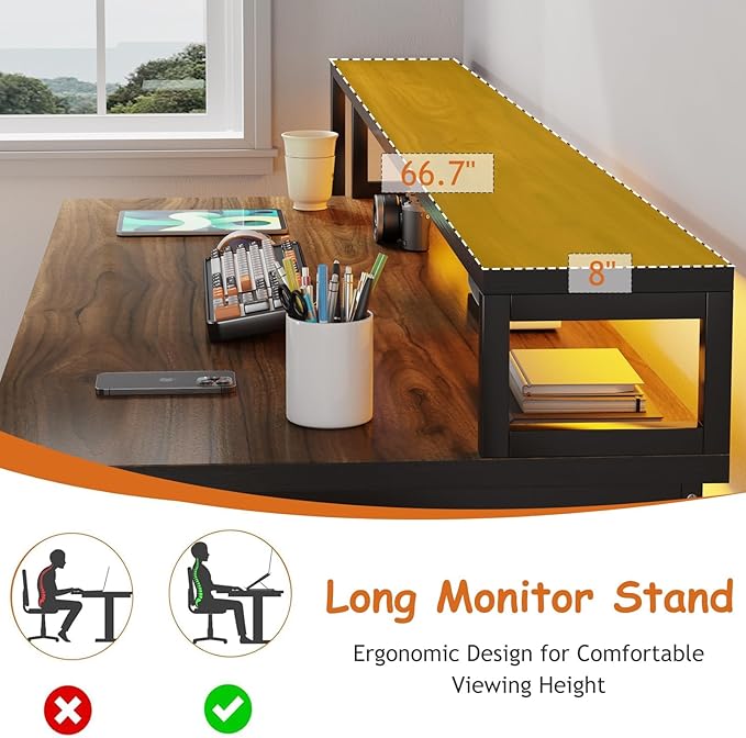 HOMBCK 67 Computer Desk with 3 Drawers Home Office Desk with Long Monitor Stand and Printer Space Office Desk with Storage &amp LED Lights Writing Desk with Drawers Black and Walnut
