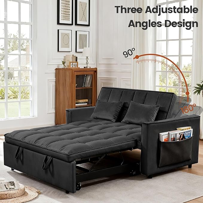 Convertible Sofa Bed Love Seat Sleeper Bed with Side Pockets 3 in 1 Velvet Fabric Pull Out Couch with Adjustable Backrest for Living Room Bedroom Apartment Black