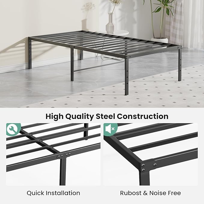 Sweetcrispy Twin XL Size 16 Inch Platform Bed Frame Heavy Duty Metal Foundation Frame Noise-Free Sturdy Steel Slats Underbed Storage No Box Spring Needed Quick Setup