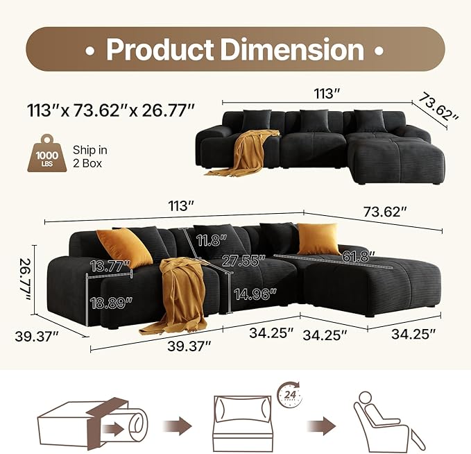 113 Modern L-Shaped Modular Sectional Sofa for Living Room Corduroy Upholstery Black 3-Seater Cloud Couchand Movable Ottoman – No Assembly Black