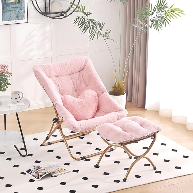 Comfy Saucer Chair with Ottoman Oversized Folding Faux Fur Chair Soft Furry Lounge Lazy Chair with Metal Frame Moon Chair Accent Chair for Bedroom Living Room Dorm Rooms
