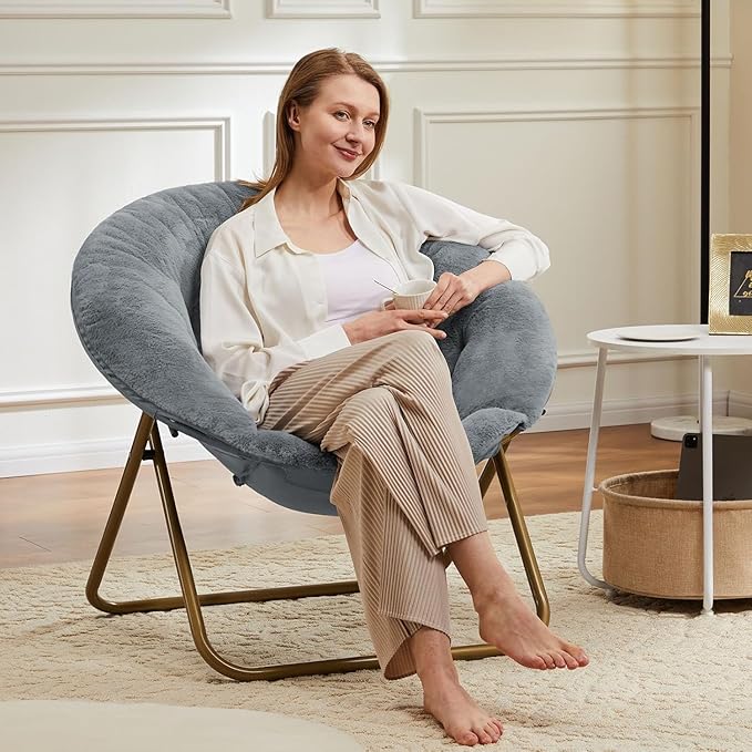 HealSmart Saucer Chair Comfy Faux Fur Chair for Bedroom Saucer Chairs for Adults Teens Round Shaped Moon Chair with Foldable Metal Frame Grey