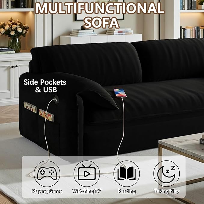 Gexpusm Futon Sofa Bed Queen Size3-in-1 Convertible Sleeper SofaPull Out Bed with Side PocketLoveseat CouchModern Futon Couch for Living RoomSmall SpaceApartmentBedroom (Black Velvet 61) | Fu