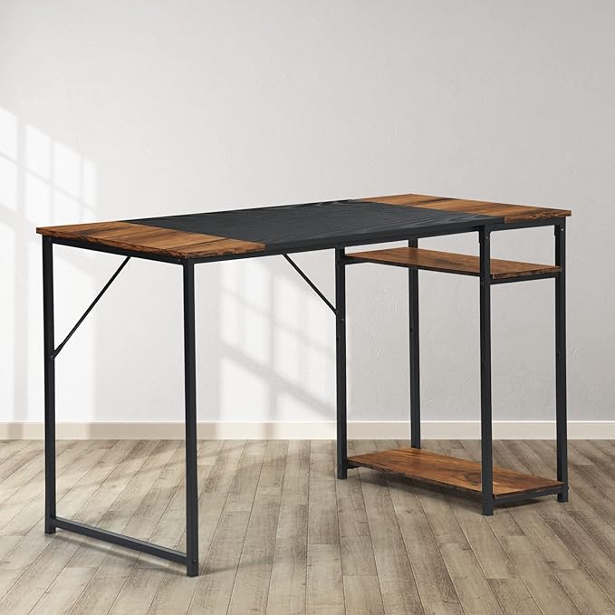 FurnitureR 47.2 inch Study Writing Table with Storage Shelves Space Saving for Home Office Modern Simple Style PC Metal Frame Computer Desk Black&ampBrown