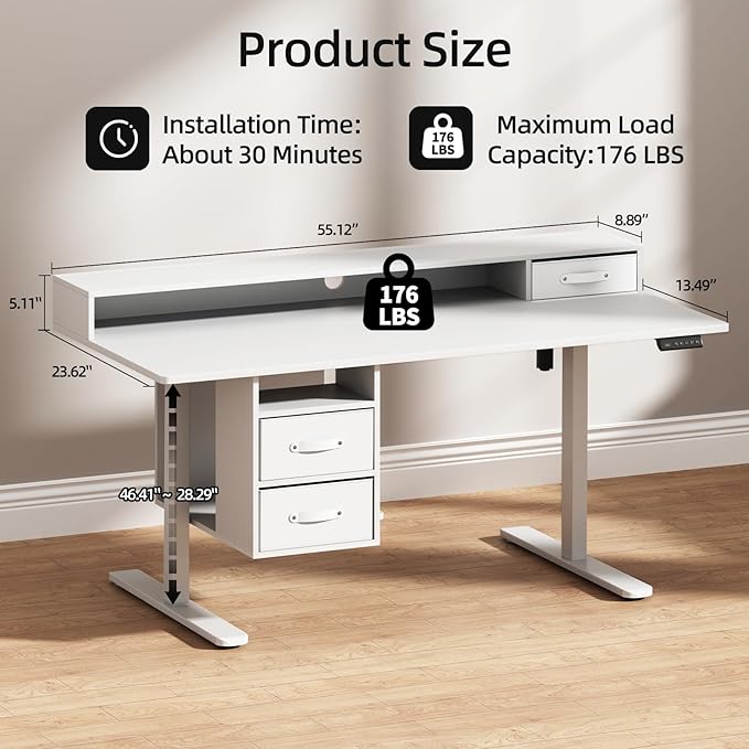 55x24 Inches Standing Desk with Drawers Electric Computer Desk with Open Storage Shelf Stand Up Desk Adjustable Height 28-46 Inches for Home and Computer Workstation White