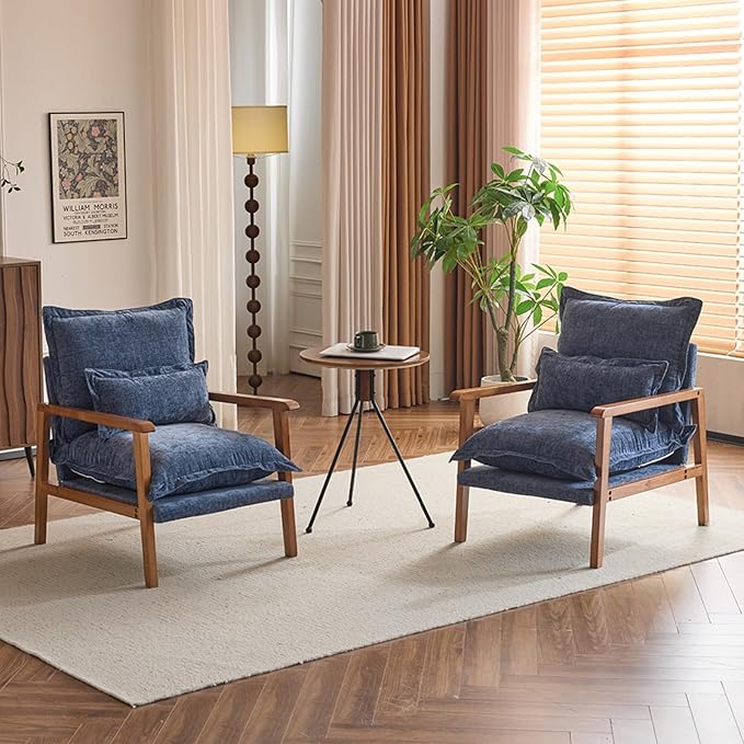 Karl home Midcentury Accent Chair for Living Room Chenille Upholstered Lounge Armchair with Lumbar Pillow Ruffle-Designed Cozy Reading Chair with Wood Legs Dusty Blue