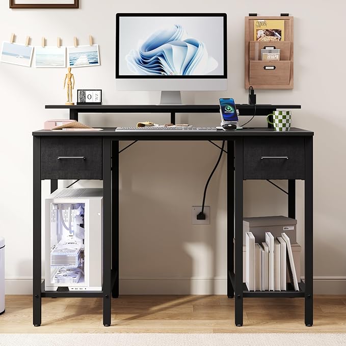 Black Computer Desk with Drawers 42 Inch Home Office Desk Study Writing Table Gaming Desk with USB Power Outlets Office Desk with Fabric Drawer Work Table with Shelf for Bedroom Black