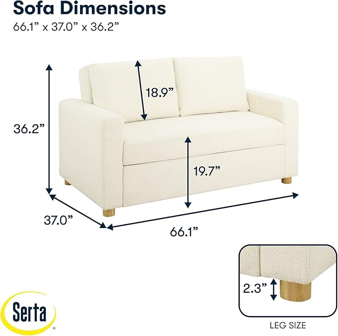 Serta Tulsa 66.1 Convertible Sleeper Loveseat Full Size Dreamcoil Comfort FingerGuard Pinch Point Protection Boucle Fabric Ivory