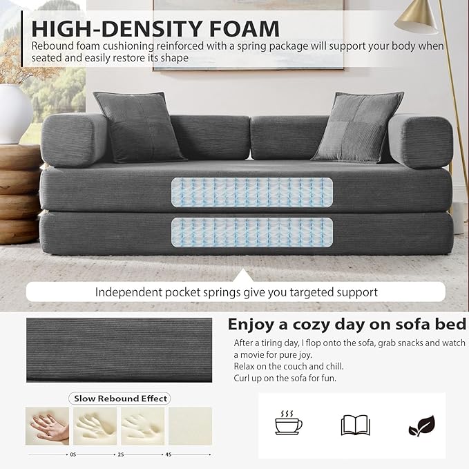 Convertible Folding Sofa Bed Modern Futon Sleeper Sofa Fold Out Couch Bed with Gold Fixed Frame Modular Floor Sofas Comfy Corduroy Boneless Couches for Living Room (78 Grey)
