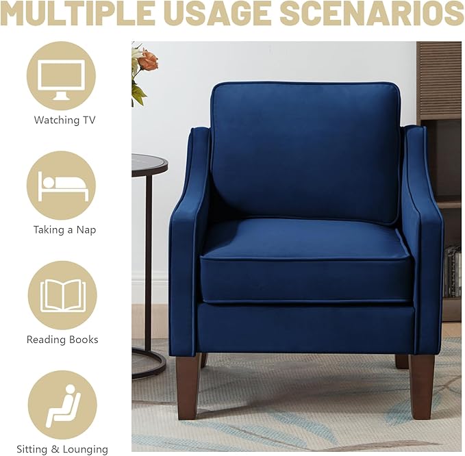 Modern Accent Chair Velvet Upholstered Single Sofa Chair with Wooden Legs Comfy Arm Chair for Living Room Bedroom Navy