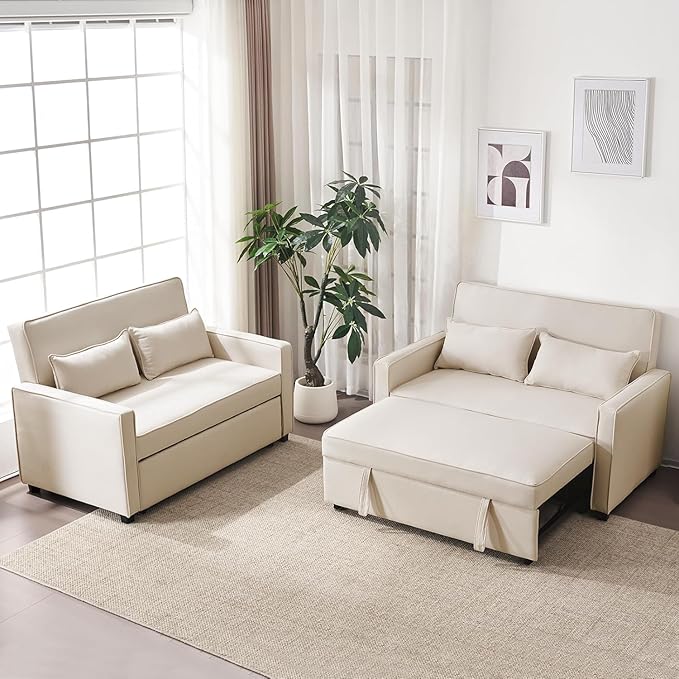 Furnimart Convertible 3-in-1 Sofa Bed with Adjustable Backrest Metal Frame Pull Out Couch Loveseat Sleeper Linen Sleeper Sofa for Living Room Apartment Small Space (Beige)