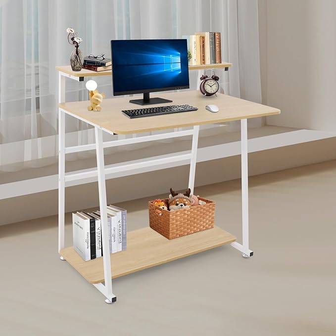 Home Office Desk36inch Rolling Computer Desk With Storage Shelves Under Desk Reversible3-Tier Computer Desk With 31.5*19.69in Spacious Desktop For Small Place For BedroomsStudios (White+Log Color)
