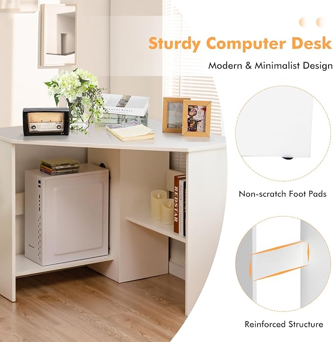 COSTWAY Corner Computer Desk Space-Saving Triangular Writing Desk w/ 2 Storage Shelves &amp 2 Cable Holes Multi-Functional Console Table for Small Space in Home Office Living Room Bedroom (White)