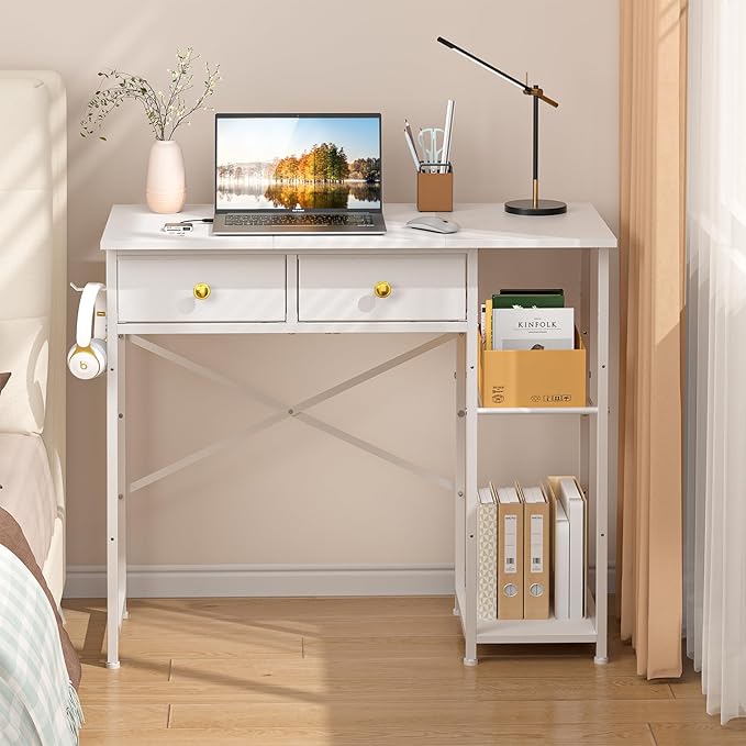 White Computer Desk 36 Inch Small Desk with Drawers Home Office Desk with Storage Shelves for Bedroom Living Room Dorm Vanity Desk for Small Spaces White