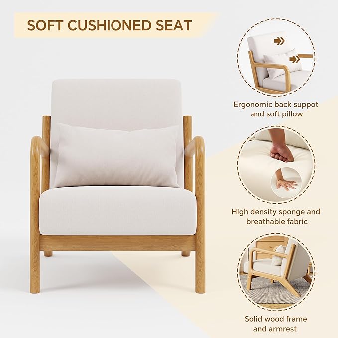 Solid Wood Accent Chair Mid-Century Modern Lounge Armchairs Fabric Upholstered Soft Comfy Living Room Chairs with Armrest Waist Cushion Pillow for Office Reading Waiting Room (Off-White)
