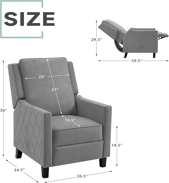 AVAWING Push Back Recliner Chair Set Mid-Century Modern Accent Chair with Adjustable Footrest Small Wingback Chair for Living Room Bedroom Study Room Grey