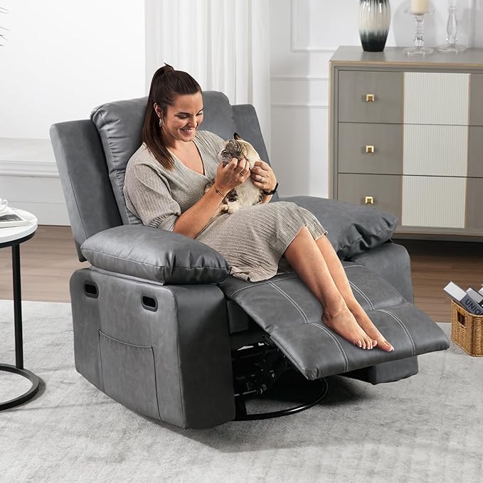 Massage Recliner Chair for Adults360 Degree Manual Swivel Rocker Recliner with Heat and VibrationPU Leather Glider Rocking Reclining Chair for Home Theater SeatingLoungeNurseryLiving Room(Grey)