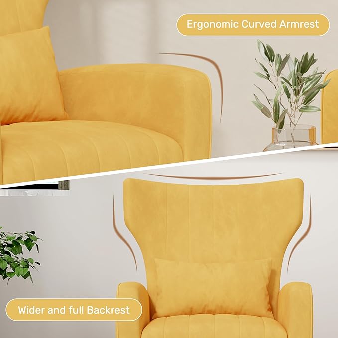 Velvet Accent Chair Set of 2Wingback for Living Room High Back Arm Chair with Golden Legs Lumbar Pillow Upholstered Single Sofa Bedroom Yellow