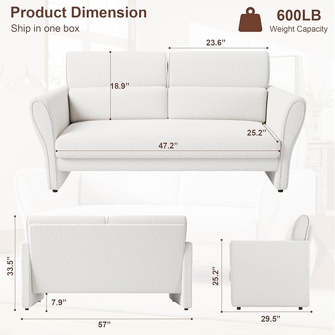 57inch Modern Loveseat Sofa Small Couch with High Backrest and Removable Lumbar Pillows Easy Assembly Upholstered Comfy Sofa for Living Room Bedroom OfficeWhite