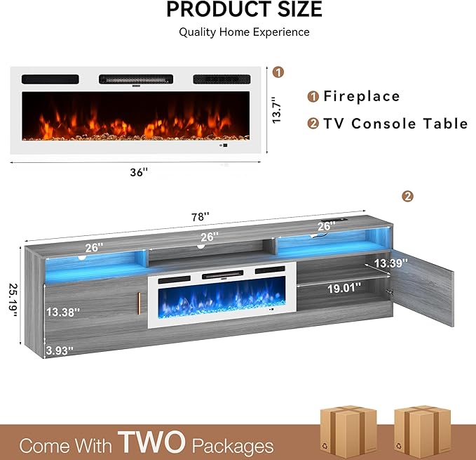 MXV 78 Fireplace TV Stand with Power Outlet for TVs UP to 90 Electric Fireplace Entertainment Center with LED Lights &amp Storage Cabinets TV Console for Living Room Office Grey-White