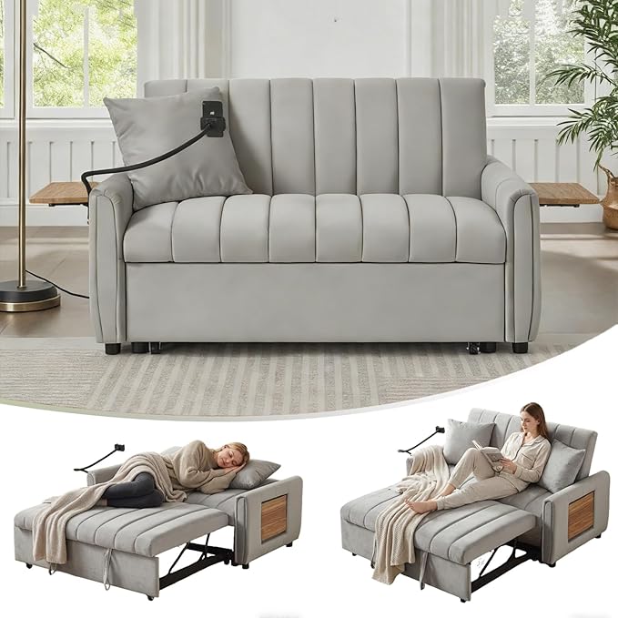 Convertible Velvet Sofa Bed with Pull-Out Bed &amp Side Storage Pockets Modern Sleeper Sofa for Living Room Apartment Small Spaces and Bedroom (Grey-2)