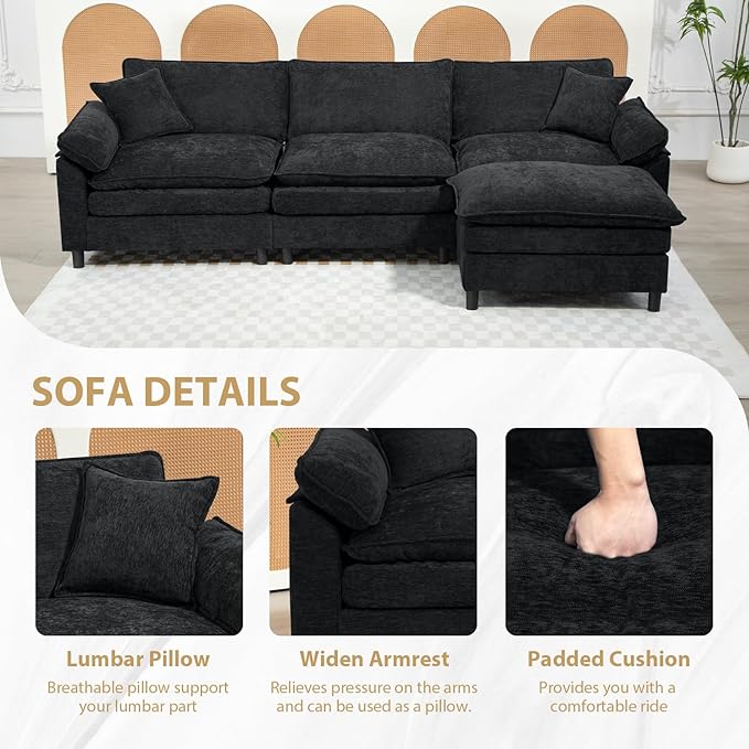 Chenille Modular Sectional Sofa 146.5'' Comfy Cloud Sofa Couch with Remove Ottoman Large L-Shaped Sofa for Living Room Extra Deep Seat Sofa with Pillows DIY Black