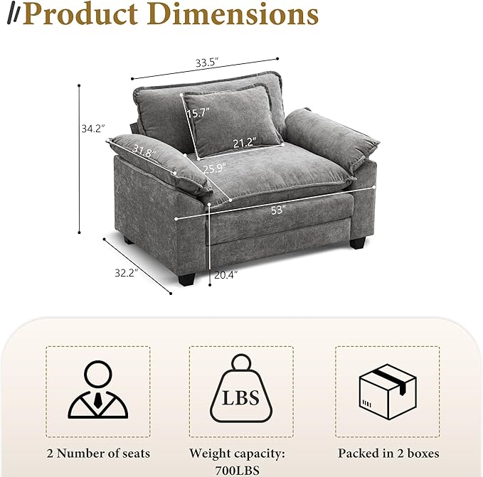 URRED Cloud Couch Accent Chair Oversized Chenille Armchair with Deep Wide Seat and Upholstered Armrests Grey – Modern Lounge Chair for Bedroom or Living Room