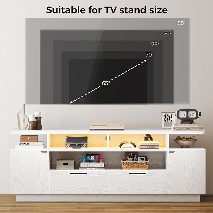 IRONCK TV Stand for TVs 85 inch with Power Outlet and LED Lights Entertainment Center with Storage Cabinets Media TV Console with Drawers Modern TV Stand for Living Room White