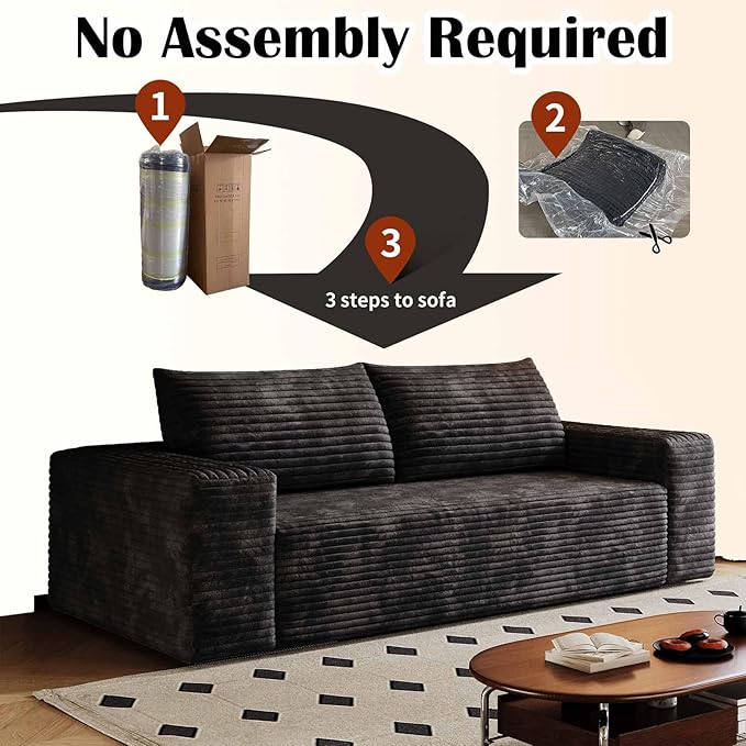 71 Corduroy Couch in a Box Cloud Loveseat Sofa with 2 Cushions Boneless Couches for Living Room Bedroom Small Space Compressed Deep Seat Memory Foam No Assembly (Black 71)