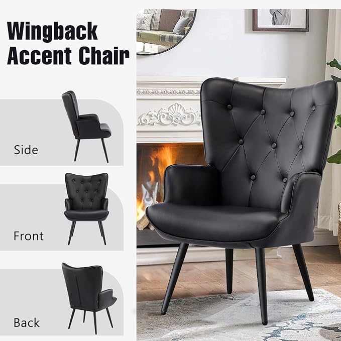 Furniliving PU Leather Accent Chair for Living Room Upholstered Reading Chair with High Backrest Tufted-Button Wingback Armchair for Bedroom Dressing Room Home Office Black