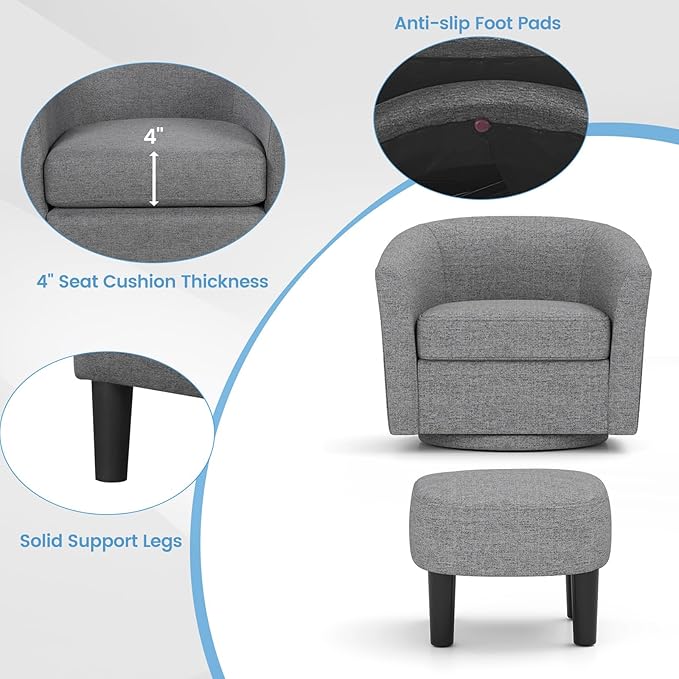 Giantex Swivel Accent Chair with Ottoman Modern Barrel Club Chair w/Footrest Curved Backrest &amp Armrests Removable Seat Cushion Swivel Single Sofa Arm Chair for Living Room Bedroom Office Gr