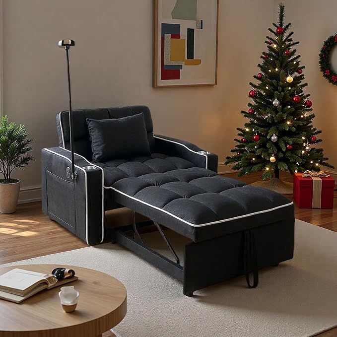 Convertible Sleeper Chair Pull Out Chair Sleeper with Bracket and Cup Holder 3 in 1 Sofa Bed Chairs for Adults Chairs Bed Sleepers for Small Spaces Living Room Black