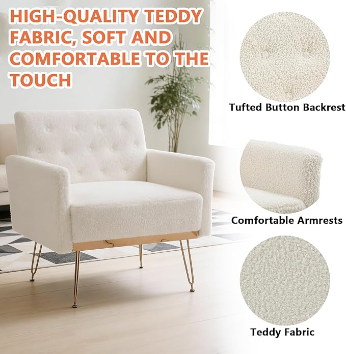 White Accent Chair for Living RoomBedroom | Mid Century Modern Armchair with Leg and Tufted Back Teddy Comfy Small Single Reading Chair (White)