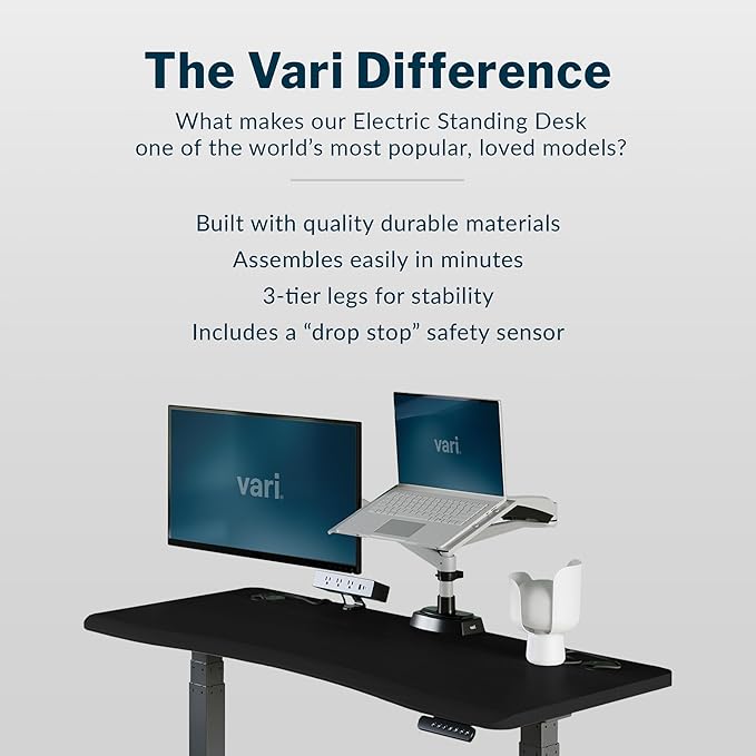 Vari Ergo 54x26 Electric Standing Desk – Height Adjustable Sit Stand VariDesk + Curved Waterfall Edge 4 Memory Settings Quick Assembly Cable Management 200 lb Capacity – Black (2 Boxes)