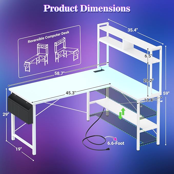 Aheaplus L Shaped Desk Gaming Desk 59 L Shaped Computer Desk with LED Light &amp Power Outlet Reversible Home Office Desk Gamer Desks with Shelves &amp Storage Bag &amp Hooks Corner PC Desk Wh