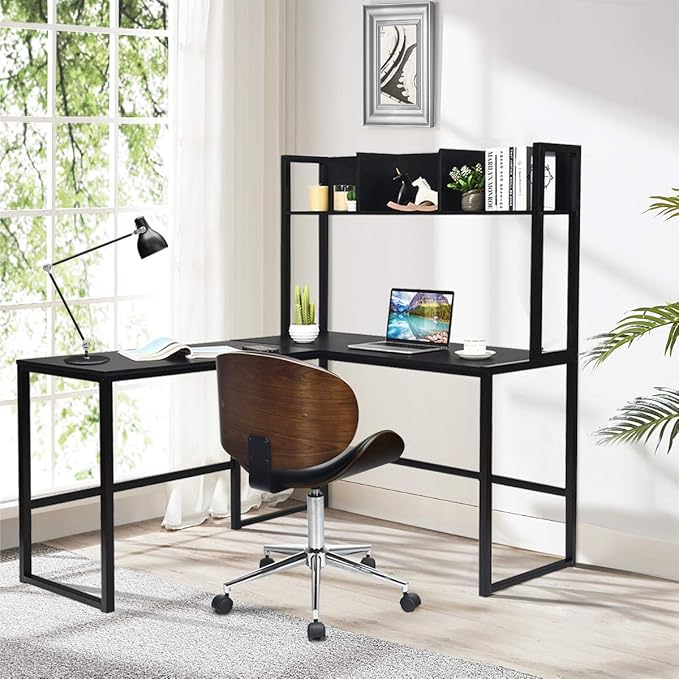 Tangkula Reversible L-Shaped Desk with Hutch Space Saving Corner Computer Desk with Storage Shelves Home Office Study Writing Desk Computer Workstation with Storage Bookshelf Gaming Desk