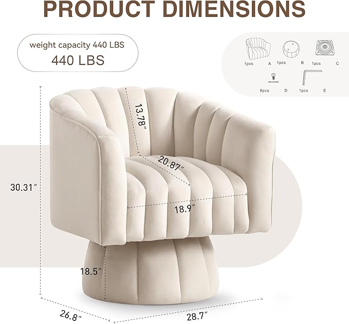 YSICK Swivel Accent Chair 360°Swivel Barrel Chair Modern Ottoman with Velvet Fabric Mid-Century Ottoman with Wide Upholstered Round Armchair for Living Room Lounge BedroomBeige
