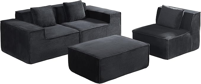 Rowan Convertible Corduroy Sectional Couch with Ottoman &amp Pillows Modular L Shaped Sleeper Sofa Boneless Cloud Couch for Living Room Furniture Black