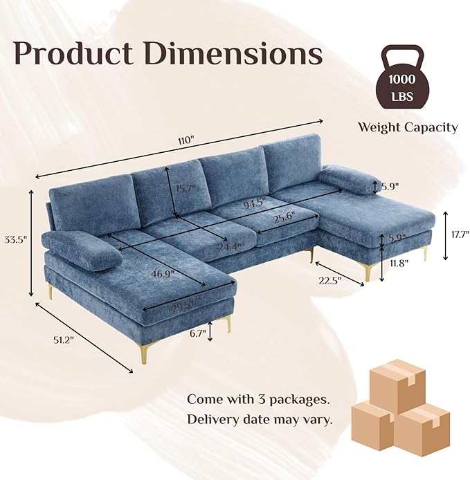 Karl home 110 Sectional Sofa U-Shaped 4-Seat Couch with Chaises Chenille Fabric Upholstered for Living Room Apartment Office Dusty-Blue