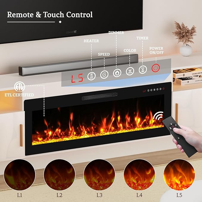 80'' TV Stand with Fireplace and Led Light-White Entertainment Center for 90 inch TV- TV Cabinet with Storage High Glossy Door Modern TV Console for Living Room