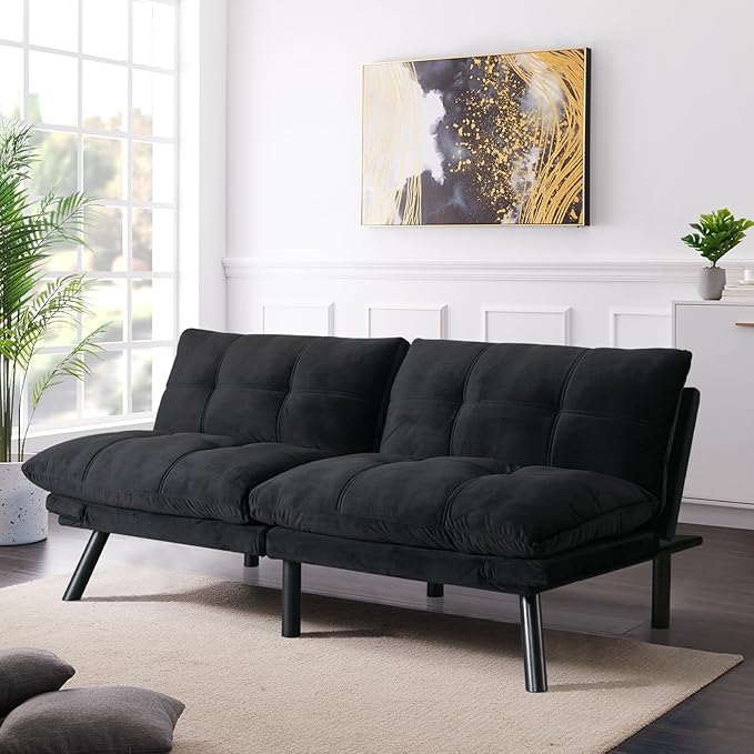 67” Velvet Futon Sofa Bed Convertible Small Upholstered Couch 2-Seat Loveseat Sleeper with Adjustable Backrest and Armrest for Small Space ApartmentGaming RoomOffice(Black)