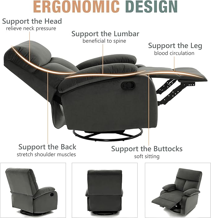 Swivel Rocker Recliner for Adults Rocking Small Recliner Chair for Small Spaces Glider-Nursery Rocking Chair for Living Room RV Nursery Bedroom Grey