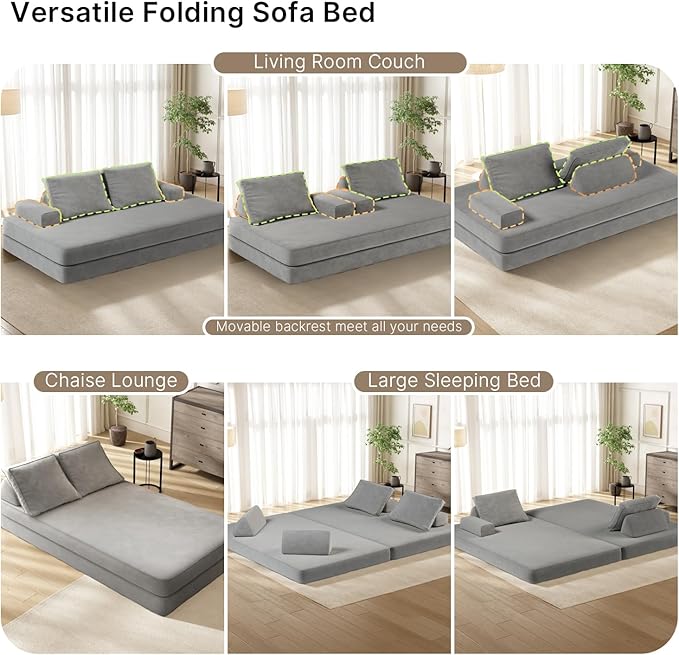 87 Folding Sofa Bed King Size Convertible Sleeper Sofa with Movable Backrest Foldable Futon Floor Couch Bed Chenille Boneless Couches for Living Room(Grey)