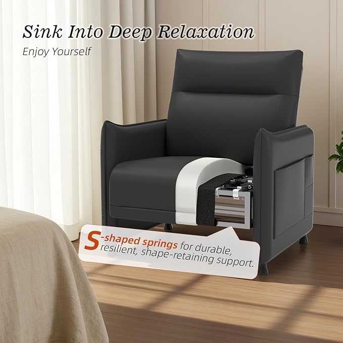 Faux Leather Accent Soft Chairs Set of 2 with Flip-Up Tray Table Side Pocket Ergonomic Soft Backrest &amp Elastic Cushion Modern Accent Chairs for Living Room Bedroom Black