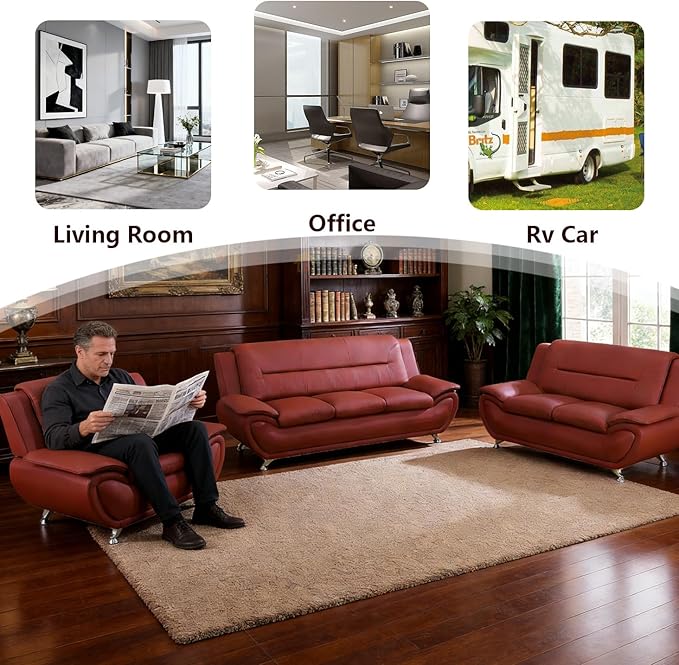Red Faux Leather Couches for Living Room Living Room Couch Set Sofa for Bedroom Apartment Living Room Furniture Sets (Red Sofa+Loveseat+Chair)