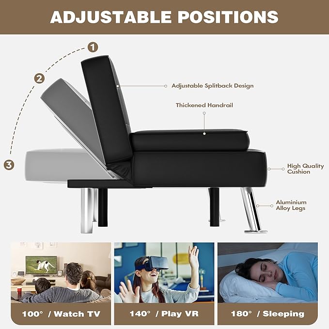 Homall Futon Sofa Bed Leather Futon Couch with Removable Armrests Adjustable Recliner Sleeper Sofa Bed with Dual Cup Holders for Living Room Apartment Office (Black)