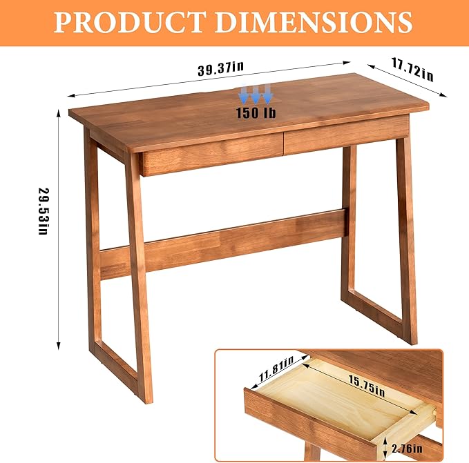 100% Solid Wood Writing Desk - Mid Century Modern Desk Home Office Desks with Drawers Walnut Vintage Desks Laptop Computer Work Study Table for Bedroom Living Room &amp Office