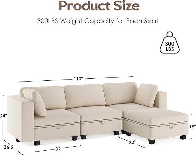 Modular Sectional Sofa Oversized L Shaped Sectional Couch with Storage Ottoman Modular Couch with Large Deep Seat Comfy Convertible Sectional Couches for Living Room and Apartment Beige