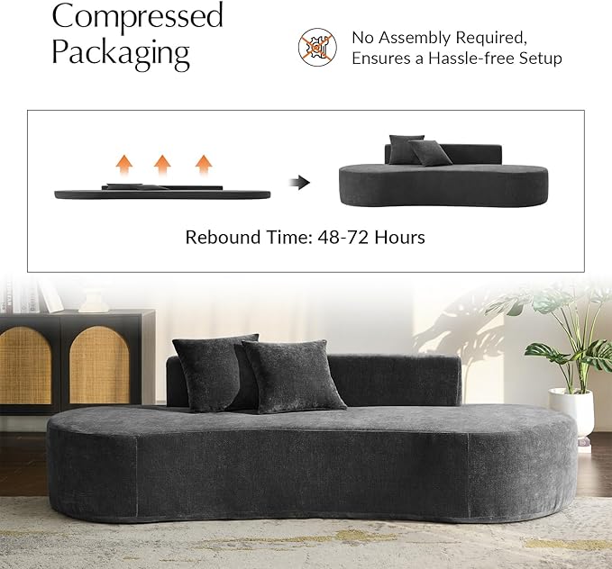 HULALA HOME 94.5 Curved Boneless Couch with Two Pillows Oversized 3 Seater Compressed Foam Sofa with Deep Seat Modern Cloud Couch for Living Room No Assembly Required Charcoal