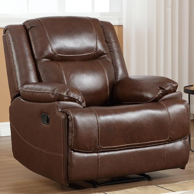 EBELLO Genuine Leather Manual Recliner Chair Reclining Sofa Chair Couch for Living Room Bedroom Furniture Meeting Room Brown